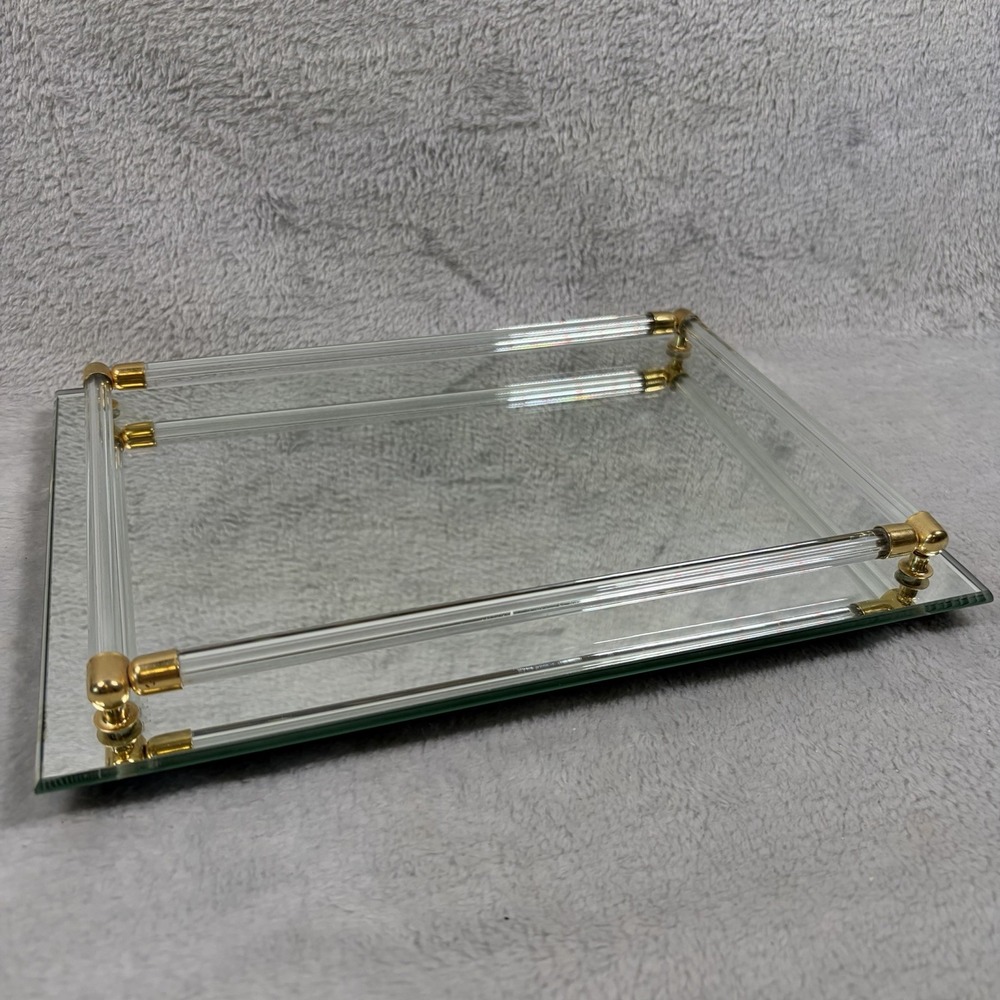 Vintage 11x8 Mirrored Vanity Tray Lucite Rods Gold Brass Hollywood Regency